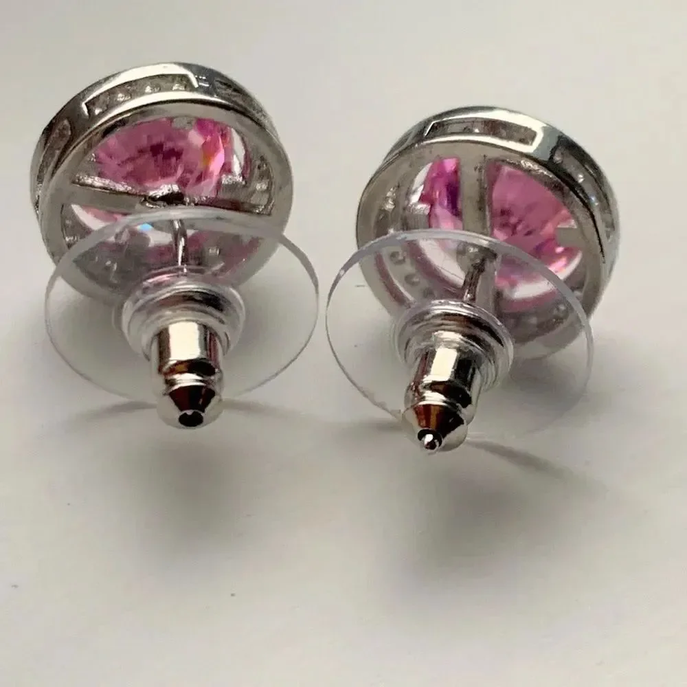 Big Bold Pink Power Crystal Round Studs with CZ Halo, Luxury Designer Style Gift